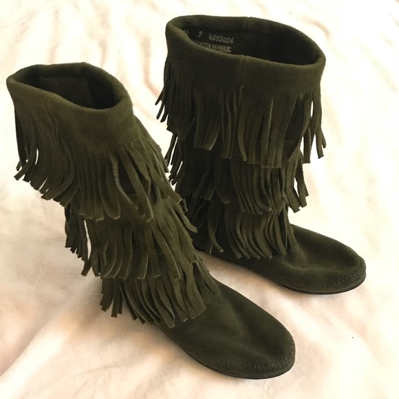 Minnetonka Shoes - Minnetonka Olive Green Three Layer Fringe Moccasin
